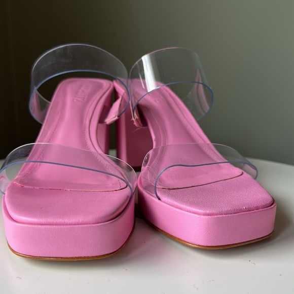 Schutz Ariella Pink Rosa PVC Block Heel Y2K Sandal Open Toe Clear Straps New - Picture 12 of 17